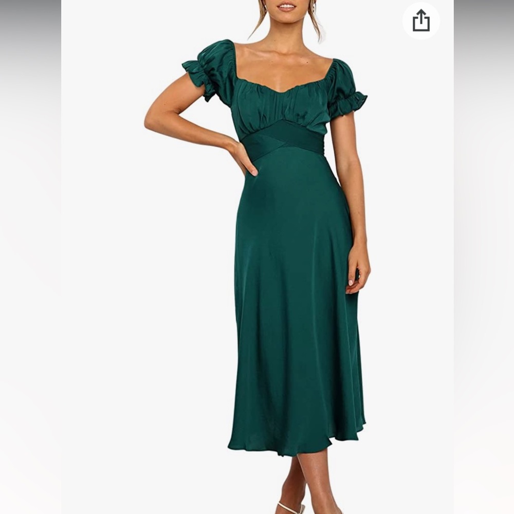 Linsery Women Off Shoulder emerald green Boho Midi Dress Puff Sleeve Dress